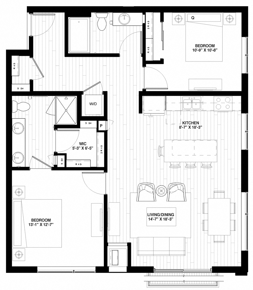 Floor plan for 2 beds, 2 baths, 1139 sqft